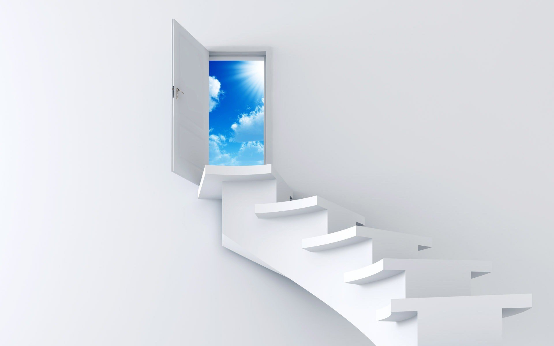 escalera cielo blanco puerta