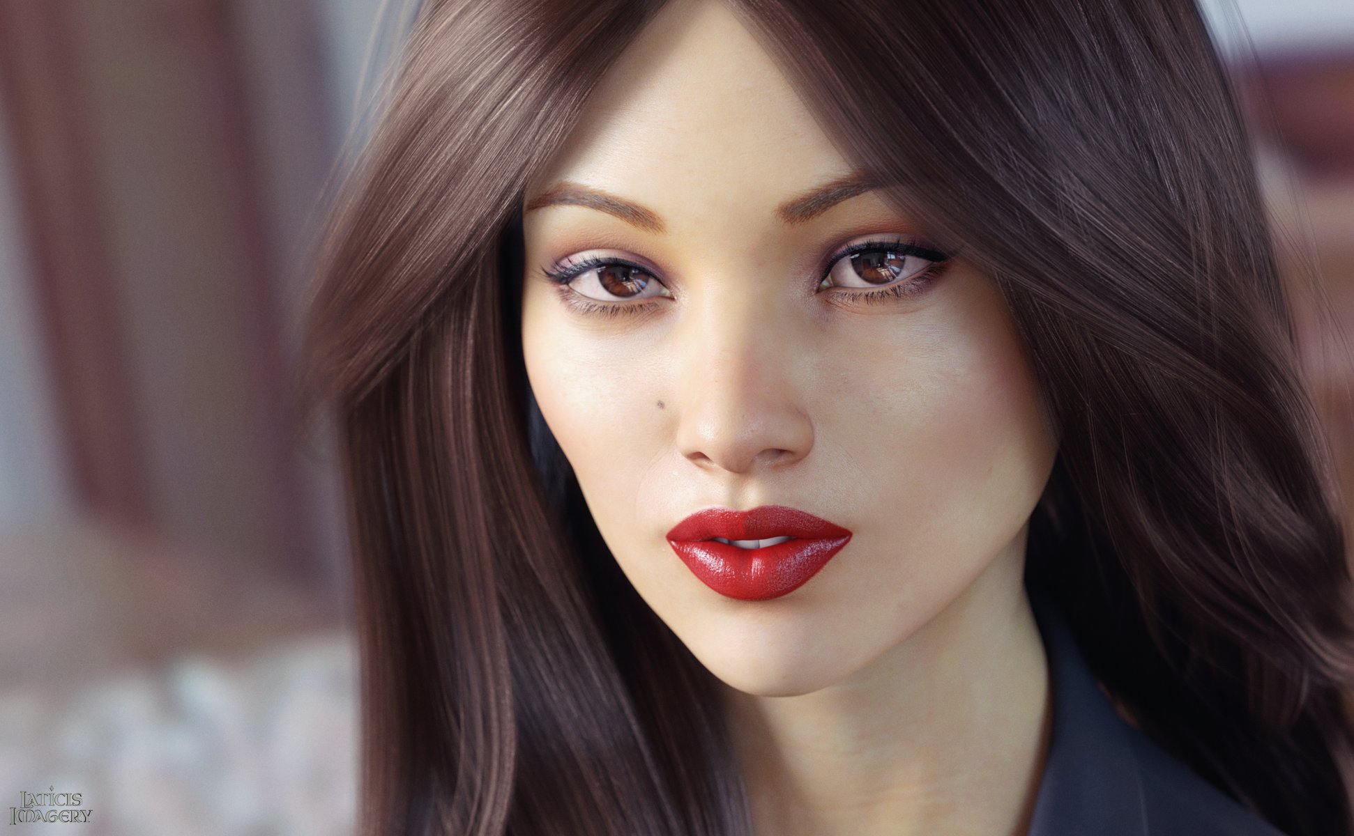 rendering ragazza viso sguardo rossetto occhi marroni capelli