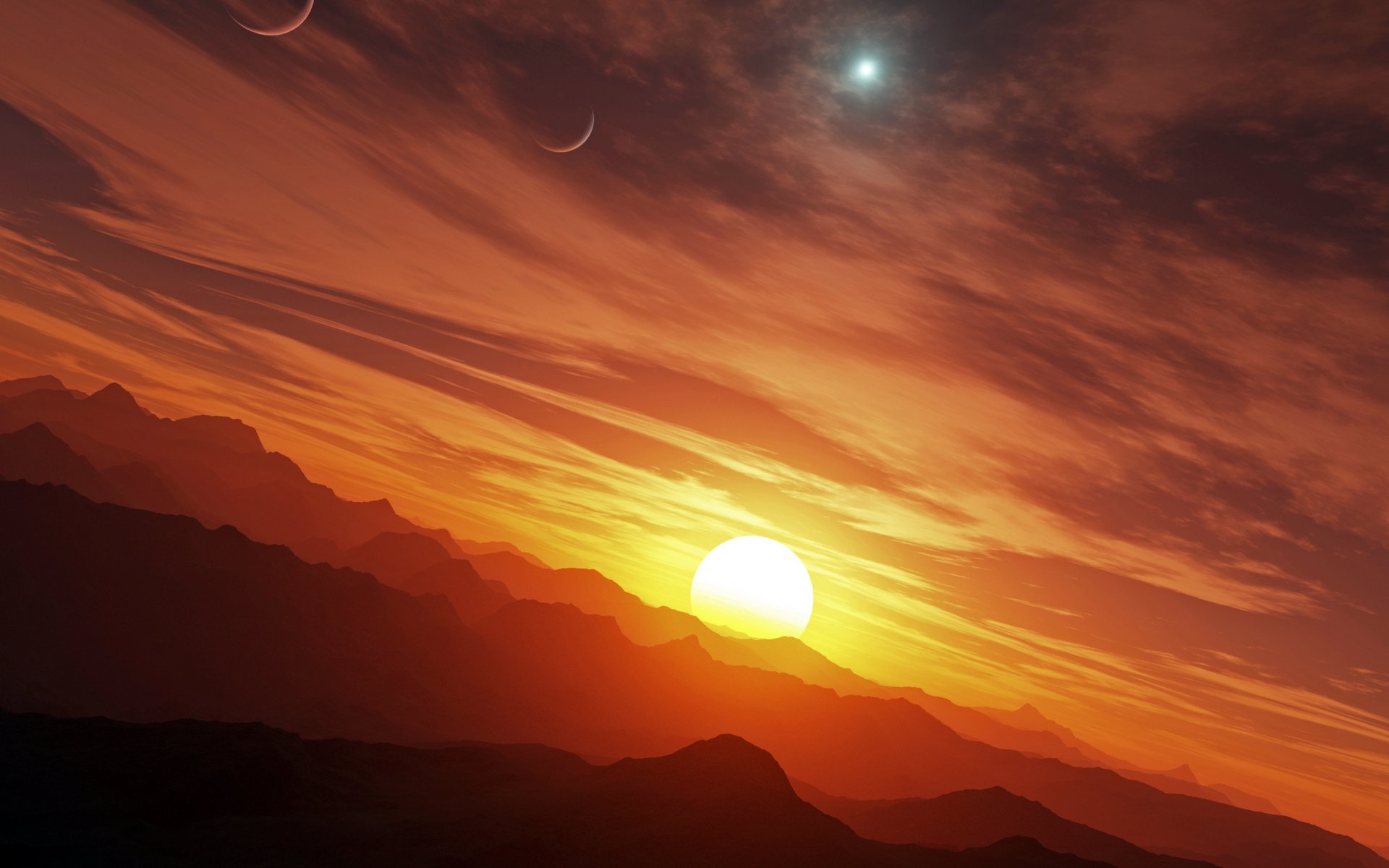 le soleil le coucher du soleil les montagnes les planètes les étoiles les étoiles