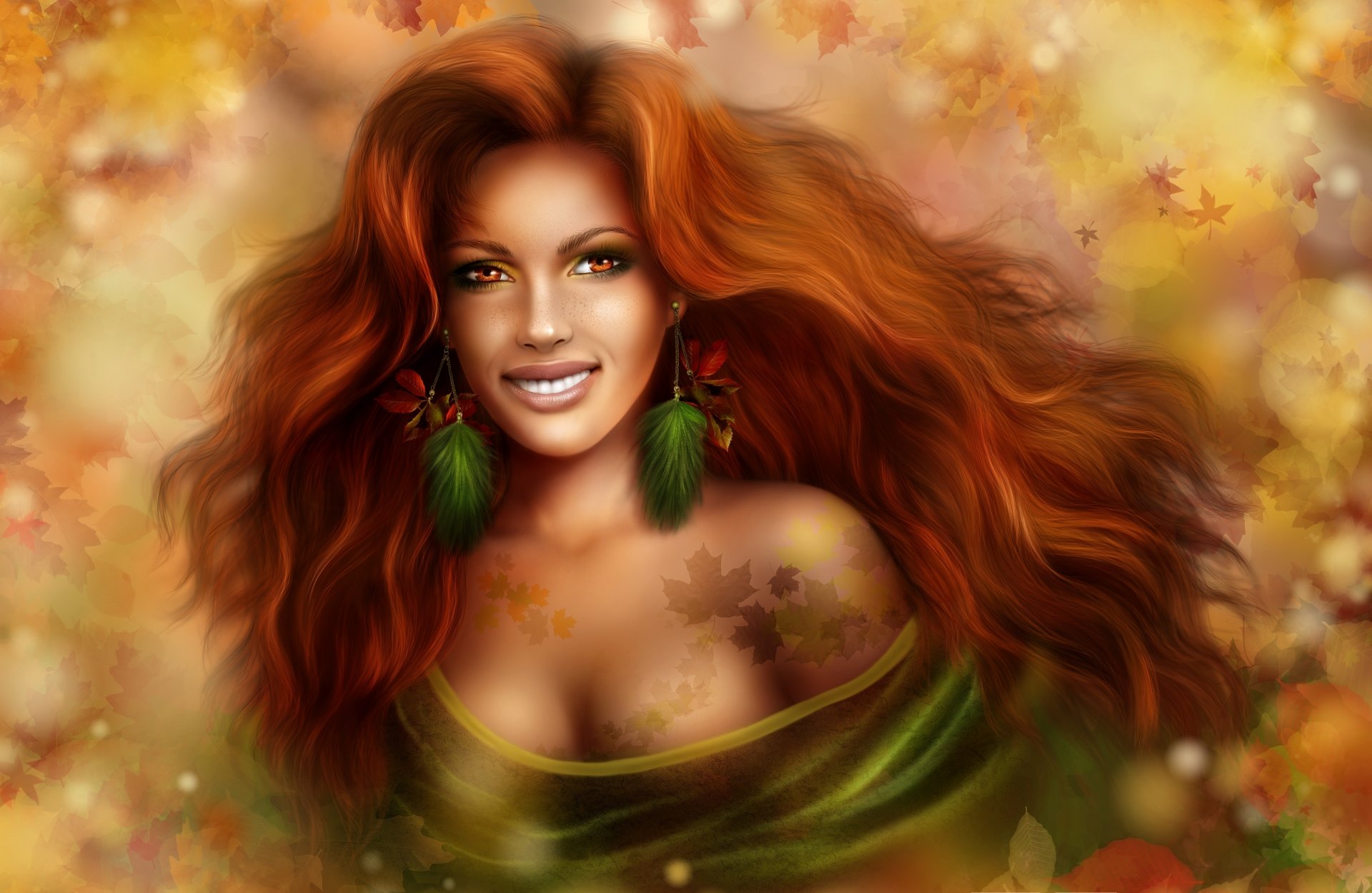 girl autumn red smile leaves hair