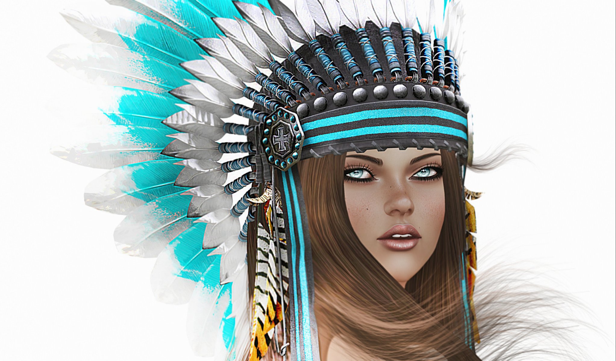 girl hair face view feathers headwear background