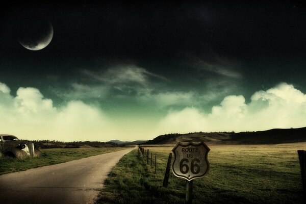 Route du désert avec les nuages et la lune