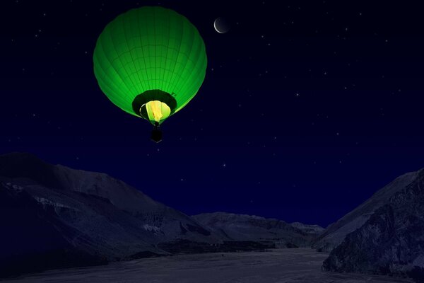 Green balloon flying on the background of the night starry sky