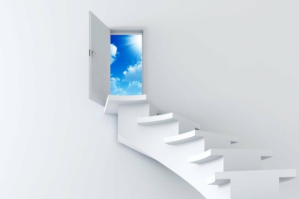 Escalera blanca con puerta que conduce al cielo