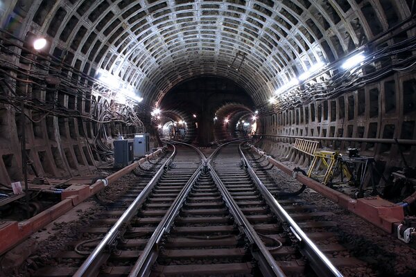 Moscow metro tunnel. Rails and sleepers