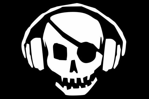 Funny black and white skull with headphones