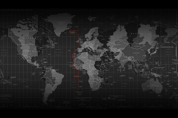 Mapa en blanco y negro donde se indican las zonas horarias