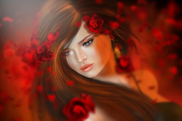 Brunette girl with roses in her hair