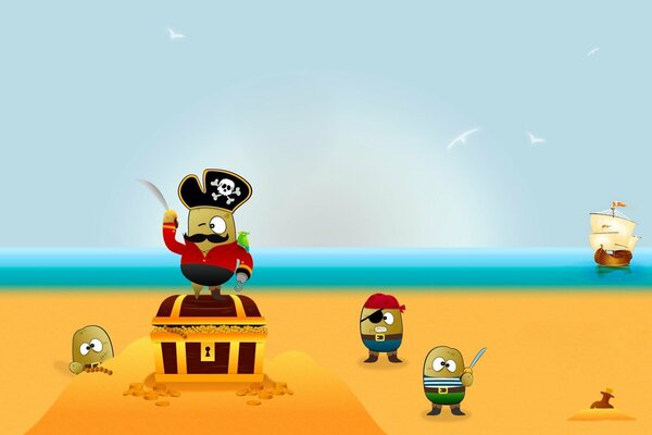 Cartoon characters:a pirate and three little pirates