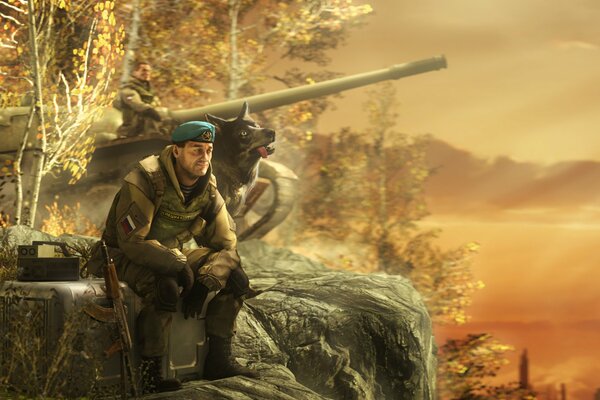 Un soldat et un loup sur un rocher près du réservoir