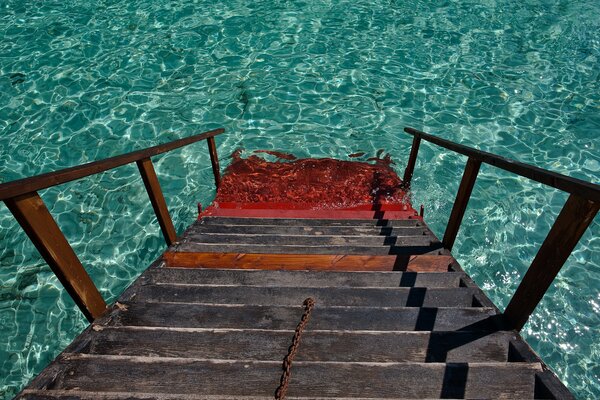 Eine Treppe, die zur blauen Lagune führt