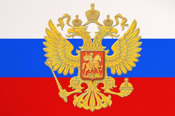 Bandera tricolor con el escudo de armas del país de Rusia