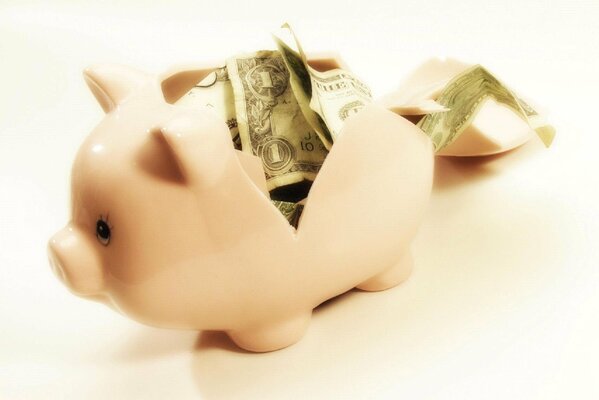 A half-broken piggy bank with money in the shape of a pig