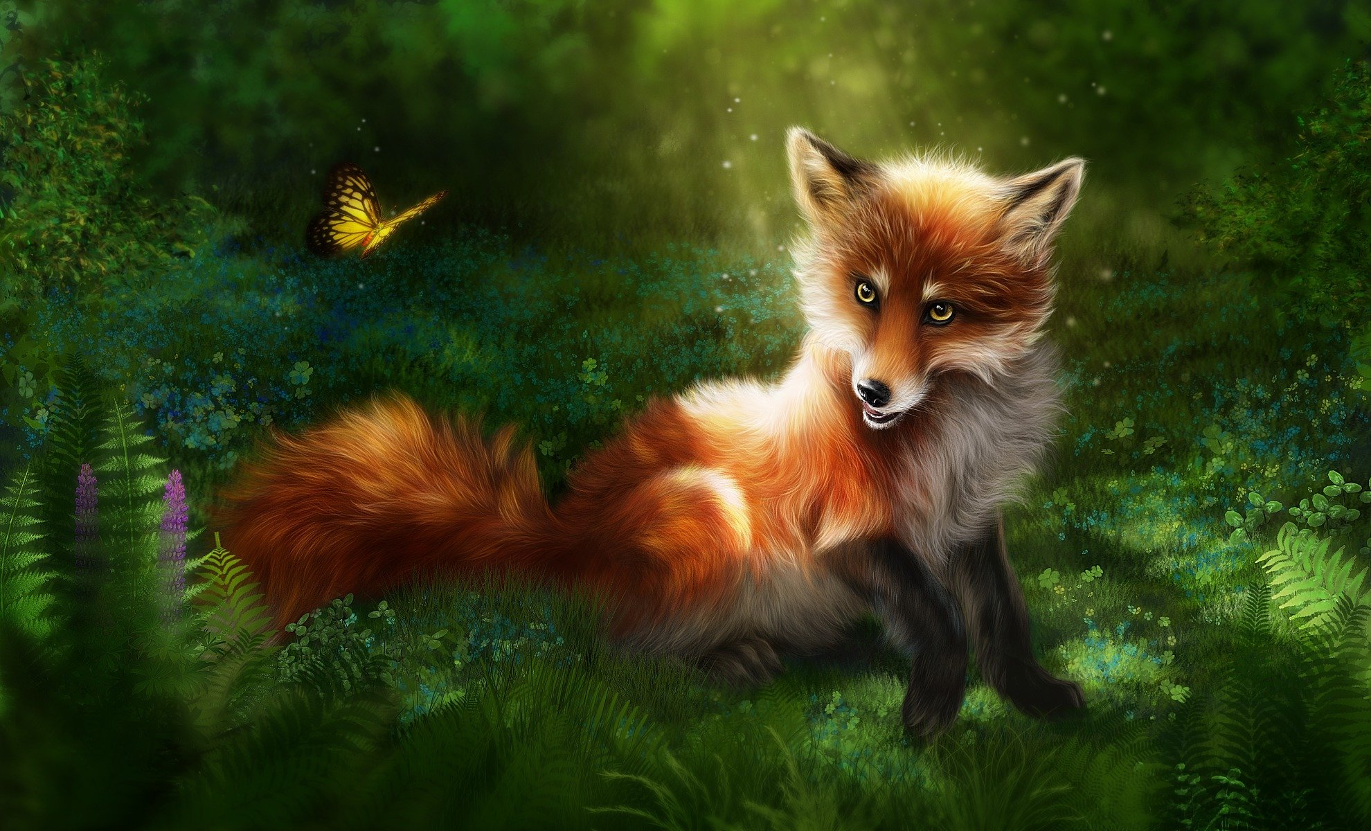 fox red fox grass nature butterfly rendering