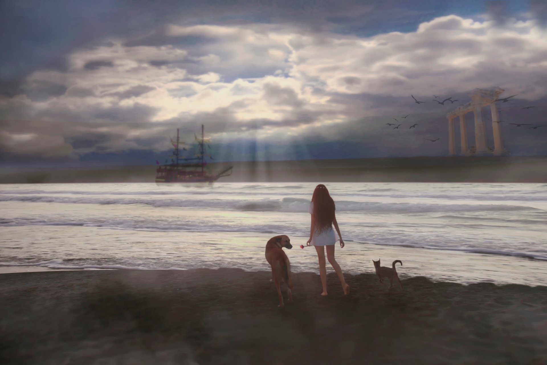 girl dog cat beach ship fantasy