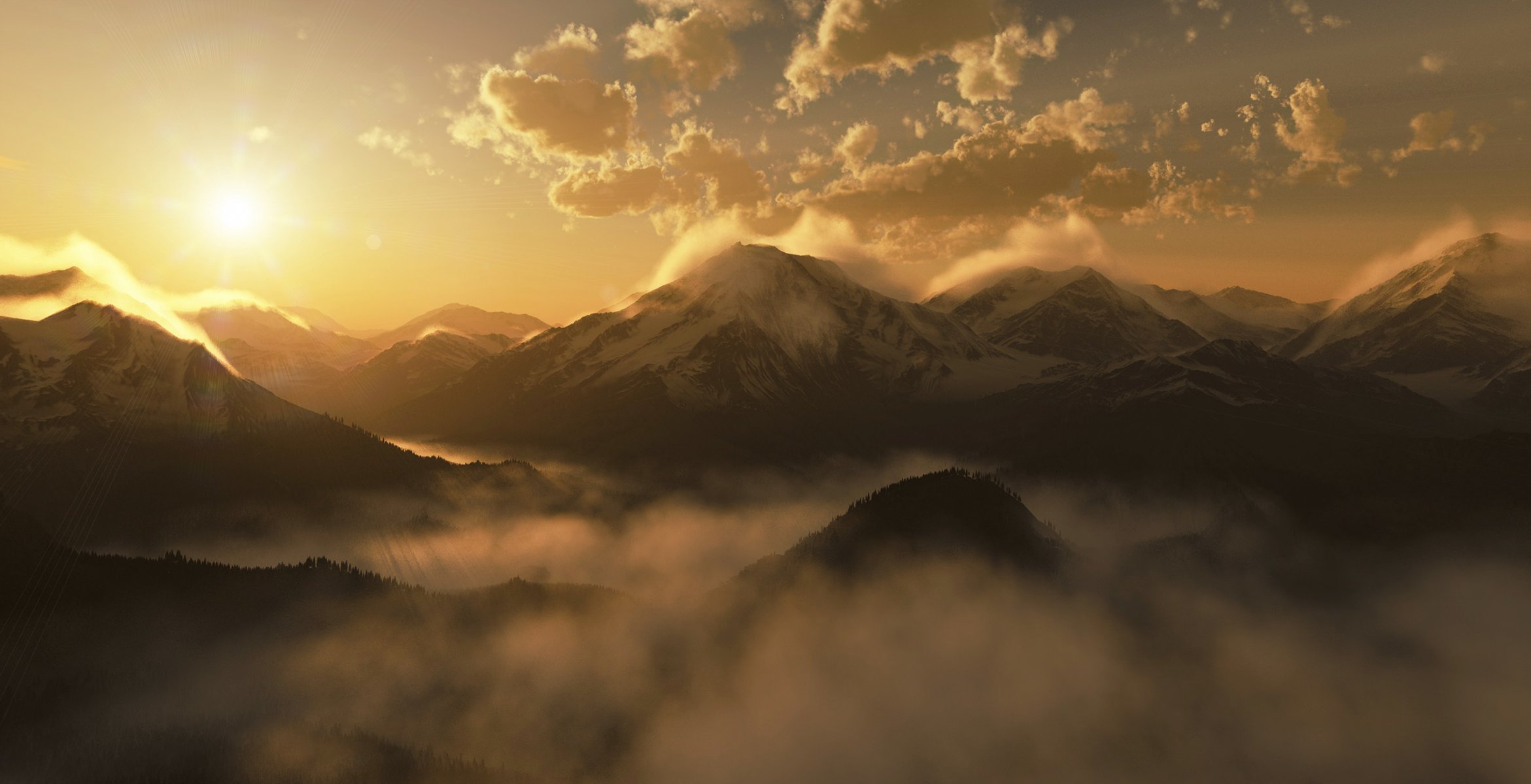 amanecer mañana montañas sol nubes niebla