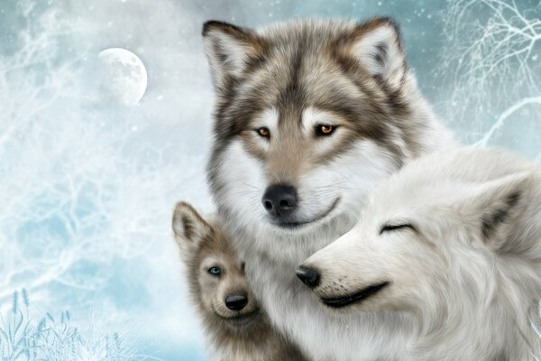 A family of wolves on a winter background