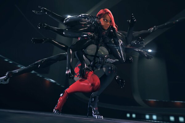 Eine Cyborg-Frau mit vielen Händen. ein Exoskelett. metal gear rising