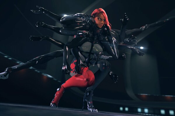 Una mujer cyborg con muchas manos. exoesqueleto. metal gear rising