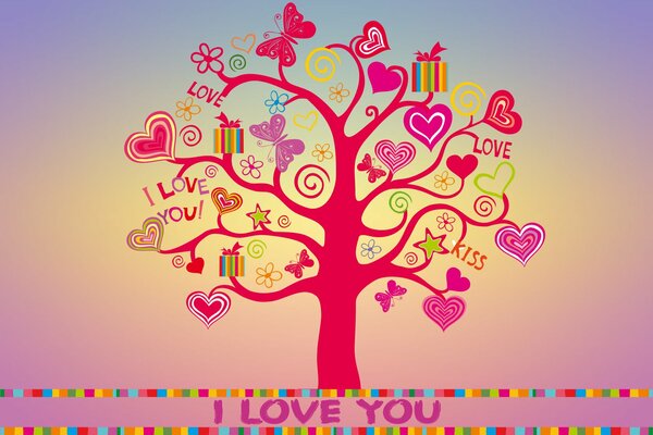 Romantic tree with hearts in pink background