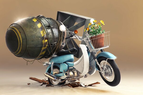 A bomb was hung on a small motorcycle and a pot of flowers was placed