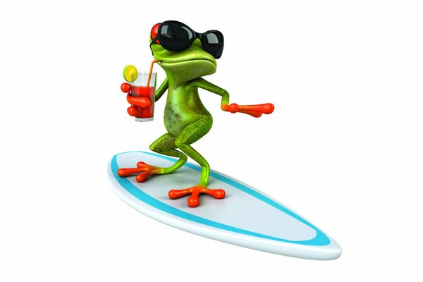 Frog with glasses on the surf in 3d