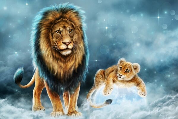 A lion and a lion cub. Father and son