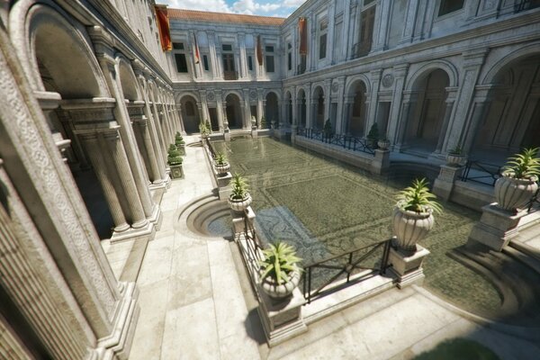 Le rendu de terrasse du palais, avec un étang et des arcs