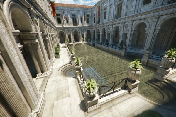 Rendering del patio del palazzo con stagno e archi