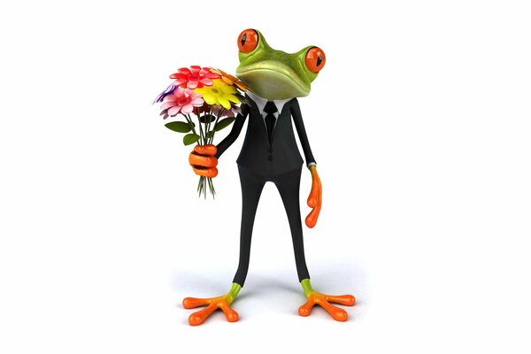Элегантная лягушка с букетом цветов
