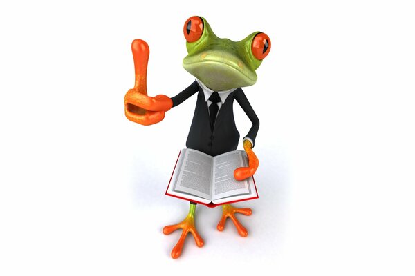 Une grenouille dans un costume avec un livre. 3d