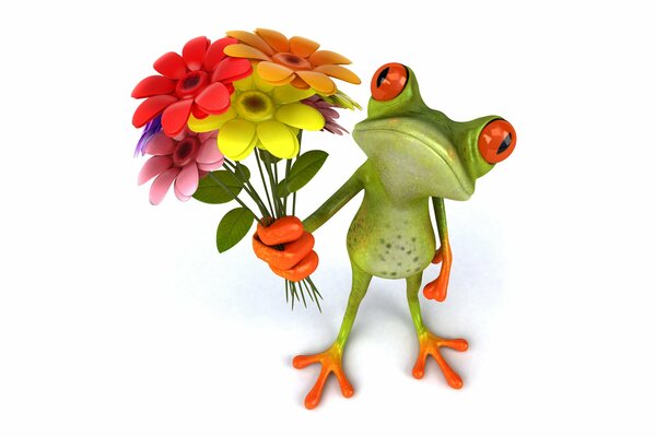 La petite grenouille avec un bouquet de fleurs