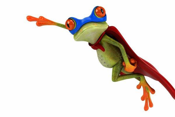 A flying frog in a Superman costume