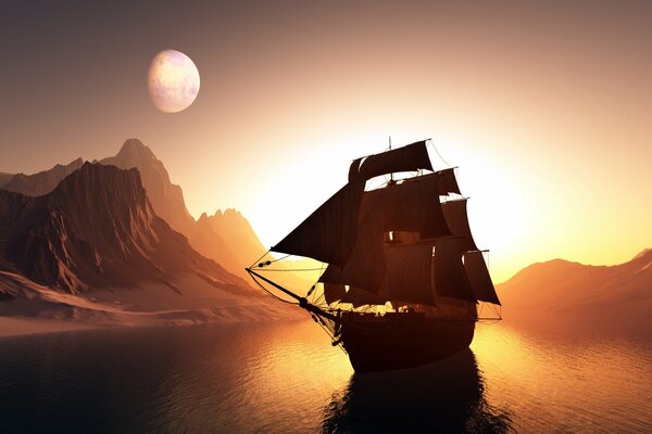 Корабль в море на фоне заходящего солнца