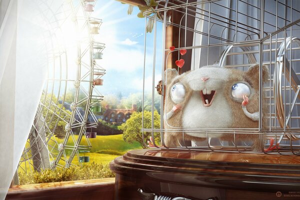 A hamster in a cage looks at someone with a terrible look