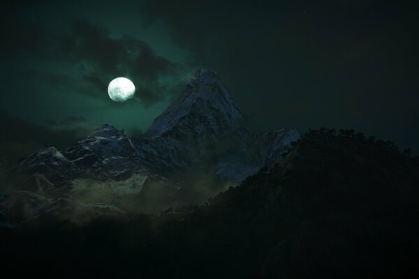 Lune de nuit, sur fond de hautes falaises