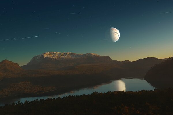 Lago nocturno en el fondo de las montañas bajo la Luna