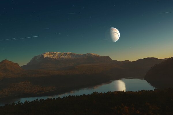 De nuit le lac au milieu des montagnes sous la lune