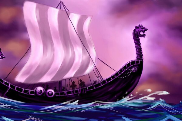 A painted dragon ship in the open sea