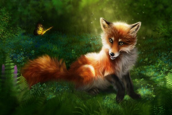 The fox looks at the yellow butterfly