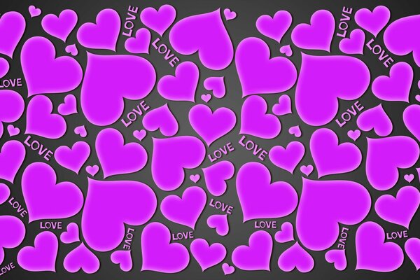 Фиолетовые сердечки и надписи любовь на тёмном фоне