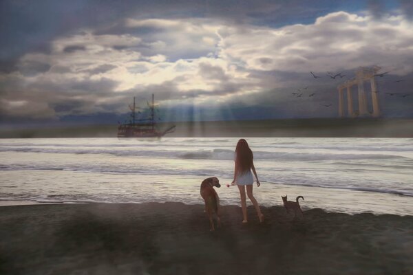 Девушка с животными стоит на берегу