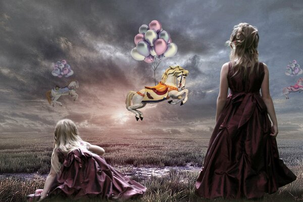 Две девочки смотрят на летающую лошадку с воздушными шарами