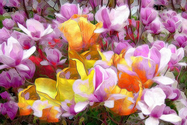 Colorful lilies painted with paints