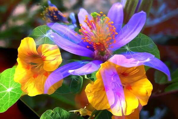 De belles jaunes et fleurs violettes