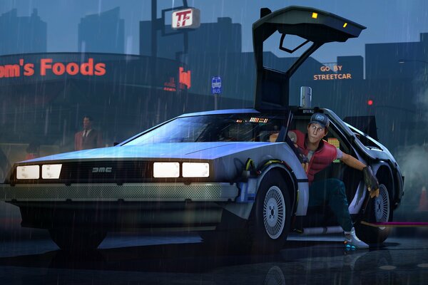 Кадр с изображением человека в машине из фильма Назад в будущее 