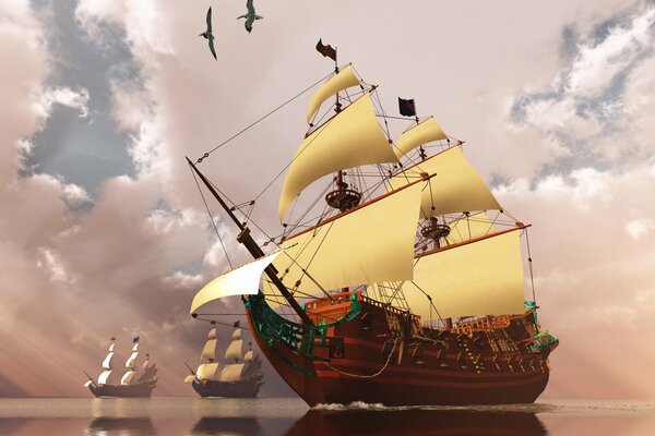 Three ships at sea 3d graphics