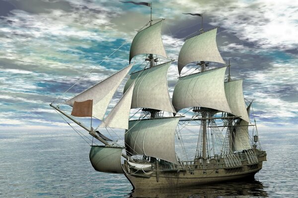 3d graphics. a sailboat at sea. a ship with white sails