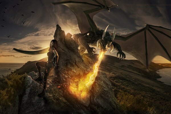 Девушка и дракон сражаются за землю