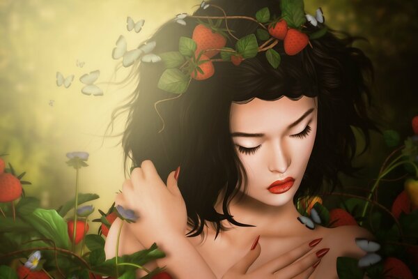 Brunette with strawberries in her hair and butterflies
